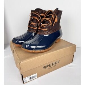 Sperry Top Sider Saltwater‎ Duck Boots Rubber Leather Glossy Navy Blue NWB 7.5 W